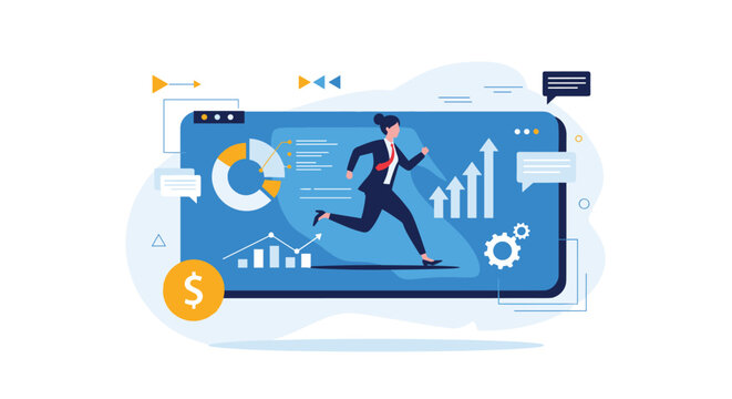 Motivated businesswoman running across a large smartphone screen filled with various financial growth charts and a gold dollar coin icon.
