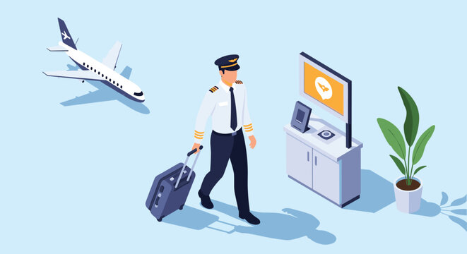 Professional airline pilot in uniform carrying a suitcase while walking through an airport terminal near a boarding gate.