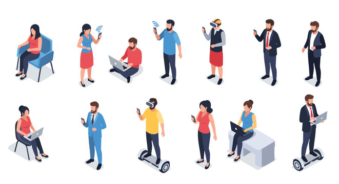 Diverse collection of people using modern technology including laptops, smartphones, virtual reality headsets, and riding hoverboards.