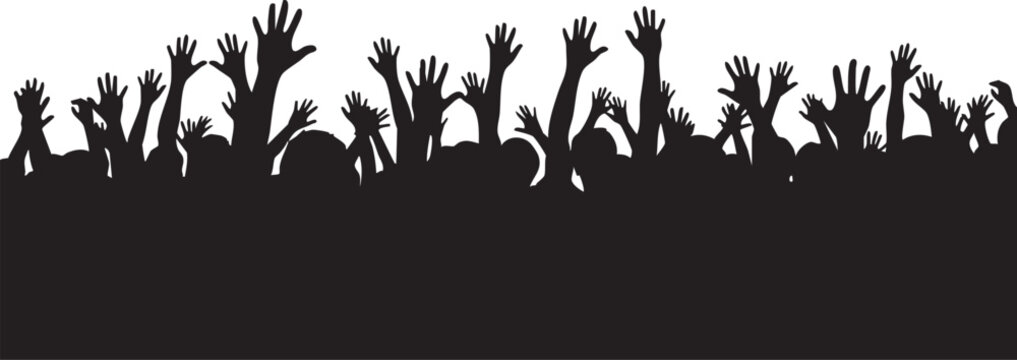 Silhouettes of a crowd raising hands in celebration or applause