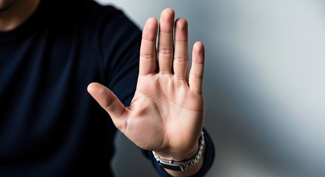 Person extends hand with open palm symbolizing rejection or stop gesture