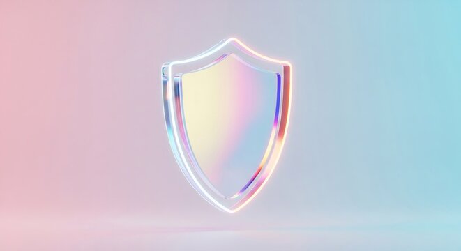 Iridescent Glass Shield Icon 3D Render. Modern digital security data p