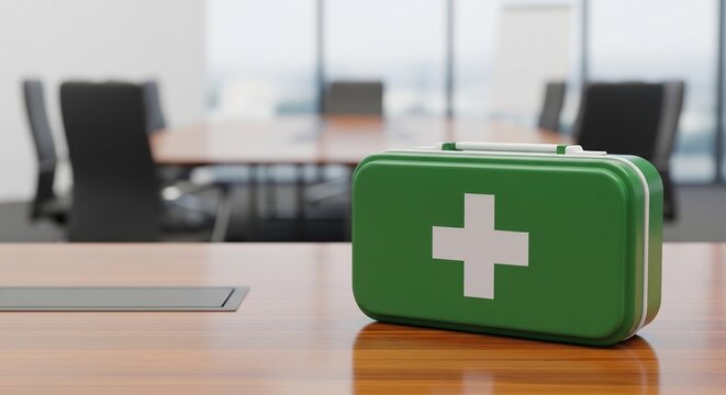 Green First Aid Kit on Modern Office Conference Table Workplace Safety