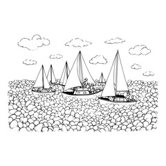 Naklejka premium Sailing Boats on Dry Sea with Clouds