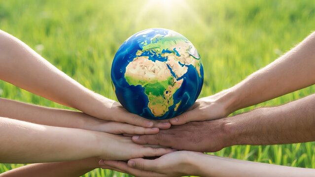 Diverse hands cooperatively cradling the planet earth, symbolizing global unity and care