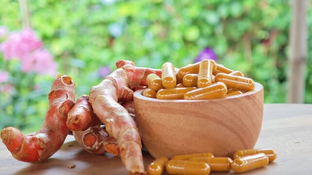 Herbal capsules containing turmeric powder in a wooden bowl. 