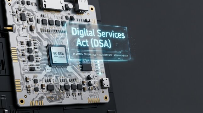 Digital Services Act (DSA) law concept - a microchip with a transparent overlay displaying the text