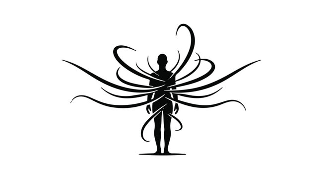 Silhouette of a person entangled in swirling, abstract dark tendrils against a white background.