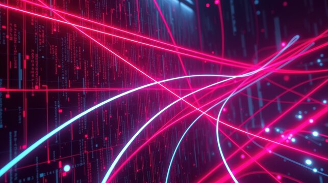Abstract digital network. Glowing lines intersect dark background. Data streams create futuristic visual effect. Complex system.