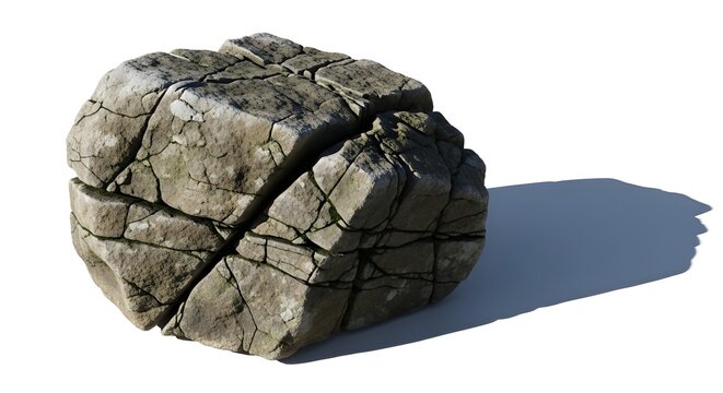 Large gray cracked rock formation on white background with shadow transparent background