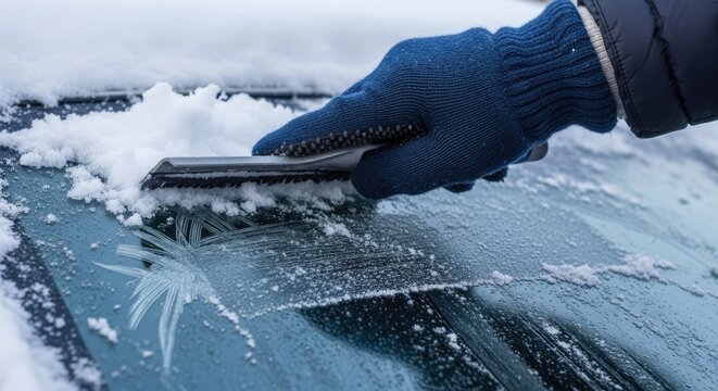 Person scraping snow from a vehicle windshield during winter weather