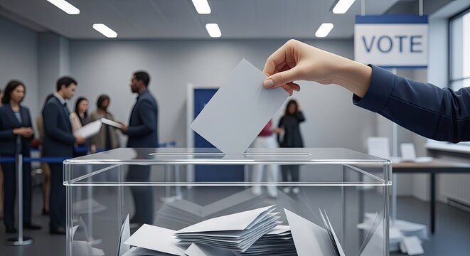Person voting at polling place dropping ballot into transparent box
