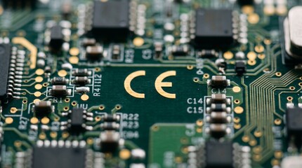 Fototapeta premium Green circuit board with microchips and components. The CE mark signifies European conformity, ensuring product safety and quality in modern technology
