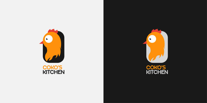 Playful Coko's Kitchen Logo with Cartoon Chicken Icon, Food and Restaurant Brand Identity