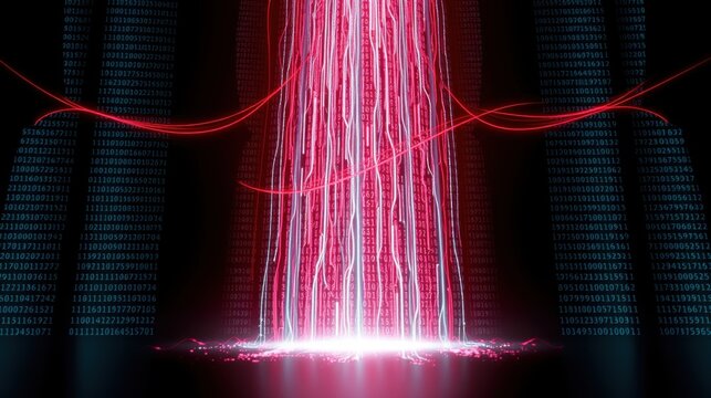 Digital rain effect, binary code streams, glowing red lines. Futuristic technology concept, dark background, abstract visual.
