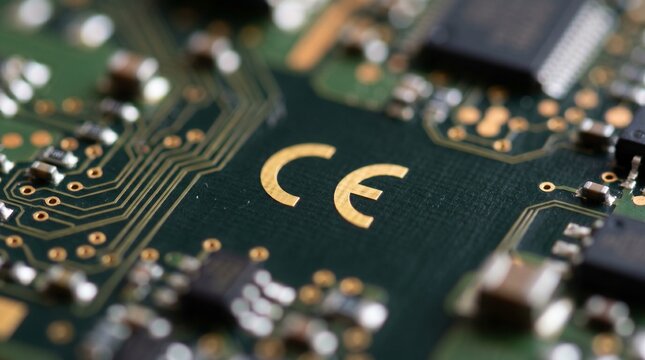 Close-up on a modern electronic circuit board displaying the golden CE mark, signifying product compliance with European safety, health, and environmental protection directives and standards