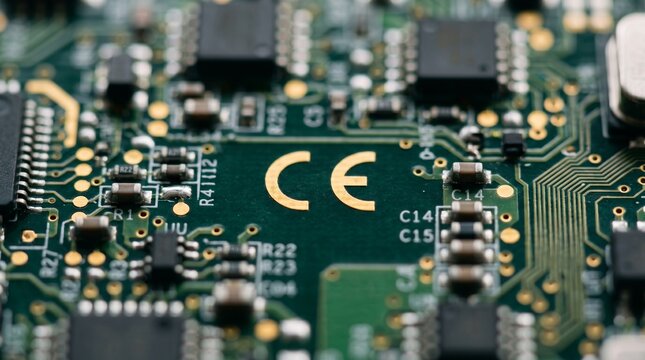 Green circuit board with microchips and components. The CE mark signifies European conformity, ensuring product safety and quality in modern technology