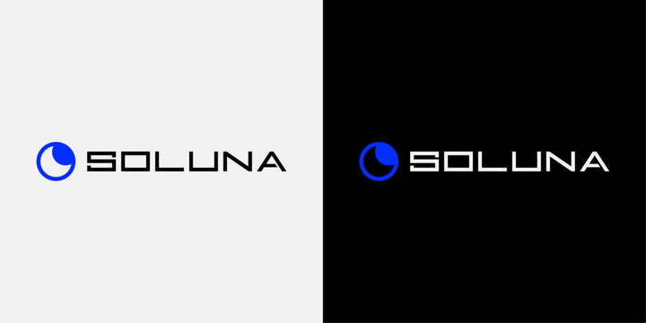 Futuristic Soluna Logo with Sun Moon Eclipse Icon, Minimalist Tech Brand Identity
