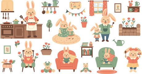 Naklejka premium Cute Bunny Family Character Set with Home Activities Including Cooking Gardening Reading and House Decor for Childrens Storybooks and Lifestyle Designs Transparent Background PNG