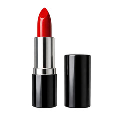 Obraz premium Open red lipstick in silver tube with black cap isolated on a transparent background