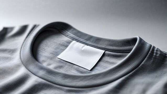 Tshirt neck area with blank woven label featuring sharp focus on intricate stitching and soft fabric under diffused studio lighting generative AI