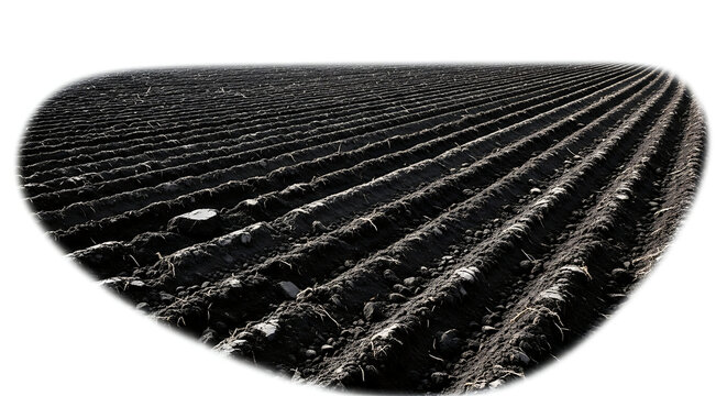 Rich dark soil, freshly plowed furrows stretching into the distance, prepared for agricultural planting