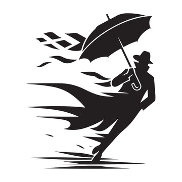 Storm Chaser with Windblown Coat and umbrella bending, lightning flash vector silhouette logo design illustration. abstract storm chaser icon set collection