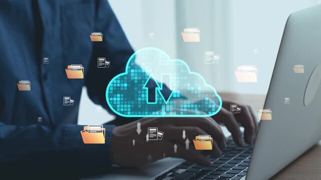 A person works on a laptop, engaging in cloud storage and data management. Floating folder icons and an upload symbol illustrate the seamless integration of technology. Qubit