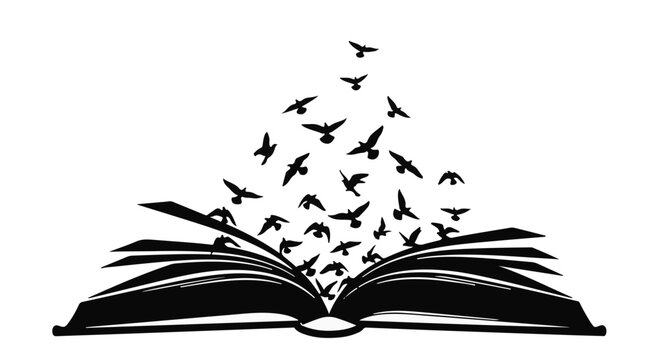 Open book with birds flying out, symbolizing imagination and freedom of thought