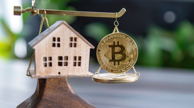 Balance between real estate and cryptocurrency investment using a house model and bitcoin coin on scales for financial growth