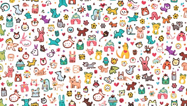 Colorful Cartoon Animals and Objects Pattern for Fun Backgrounds