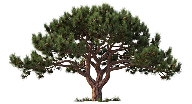 A Majestic Pine Tree with Lush Green Foliage and Pinecones Against a White Background