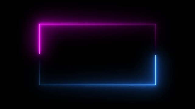 Square Rectangle picture frame icon animation neon glowing pink and blue color party show seamless footage border frame display neon box line smooth effect on black background