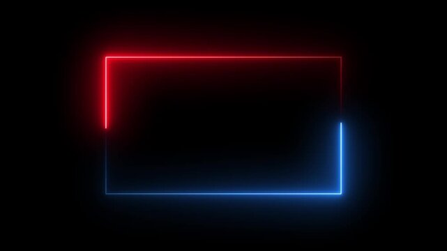 Square Rectangle picture frame icon animation neon glowing red and blue color party show seamless footage border frame display neon box line smooth effect on black background