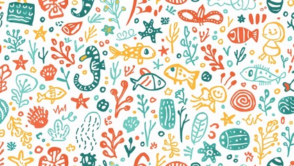 Naklejka premium Colorful and Fun Marine Life Pattern with Underwater Elements