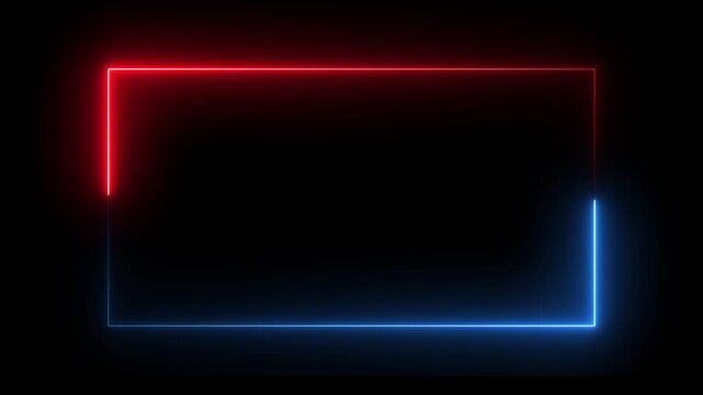 Square Rectangle picture frame icon animation neon glowing red and blue color party show seamless footage border frame display neon box line smooth effect on black background