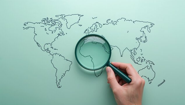 Hand Holding Magnifying Glass Over World Map Illustration