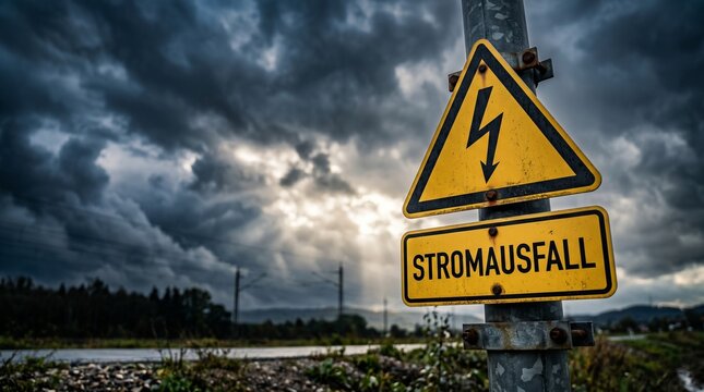A stark yellow "Stromausfall" warning sign stands against Stromausfall Warnschild, Power Failure symbolizing the vulnerability of the power grid during severe weather.