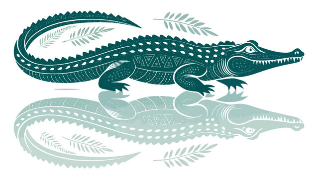 A vector graphic illustration of a crocodile with tribal patterns and reflection