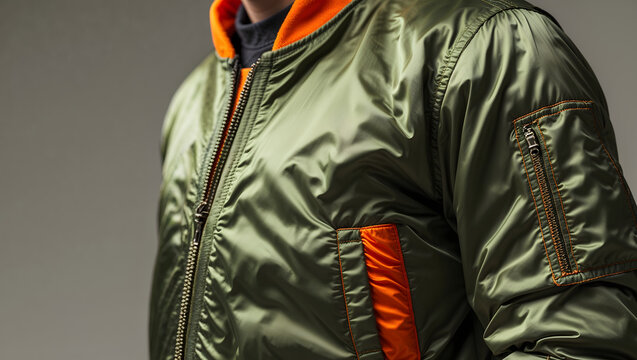 Olive green bomber jacket featuring orange lining with sharp focus on ribbed waist and arm pocket showcasing durable nylon fabric generative AI