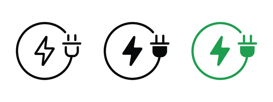 Electric Car Charging Icon Plug Cable Lightning Bolt Green Energy Power Station Vector Illustration Collection Isolated Background