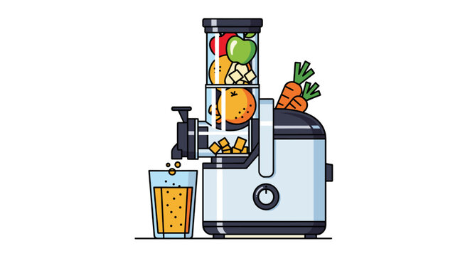 Juice extractor with colorful fruits and vegetables, fresh beverage ready  