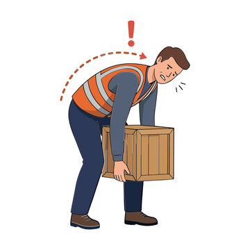 Man wearing safety vest bends to lift heavy box with back strain