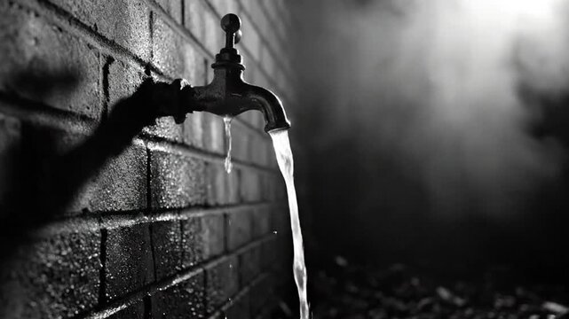 Black and white shot of a water faucet pouring water on a brick wall with a smokey background.