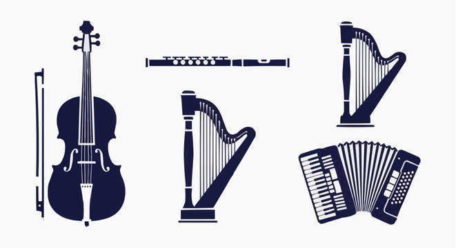 Classical musical instruments vector set, navy blue violin and harp silhouettes, orchestral flute and accordion icons on white background