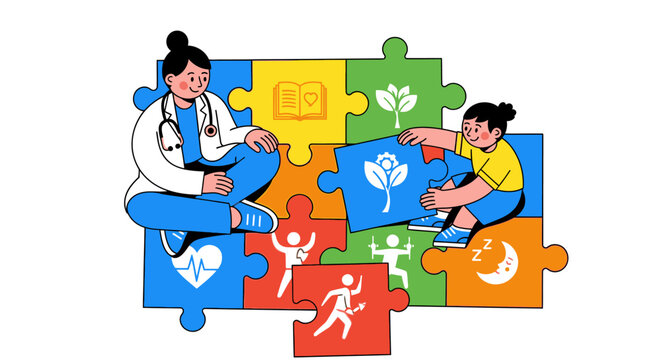 Doctor and child assembling puzzle pieces representing health and wellness, illustration