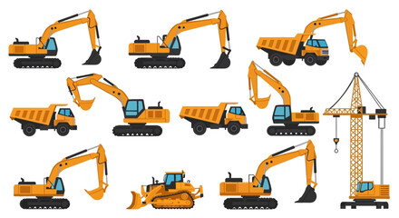 Construction Equipment Collection: Excavators, Dump Trucks, Bulldozer, Crane - Vector Set © Arif