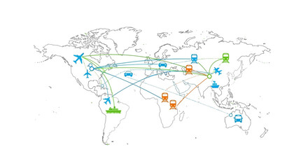 Fototapeta premium Global Transportation Network: World Map with Logistics Routes and Vehicles