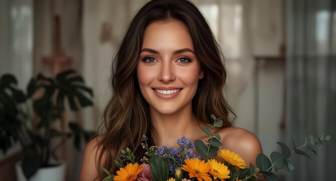 Beautiful smiling woman holding a colorful bouquet of spring flowers