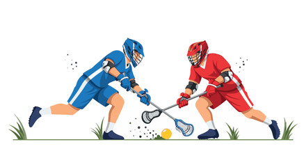Fototapeta premium Dynamic vector illustration of two lacrosse players in blue and red jerseys battling for a ground ball during an intense face-off.